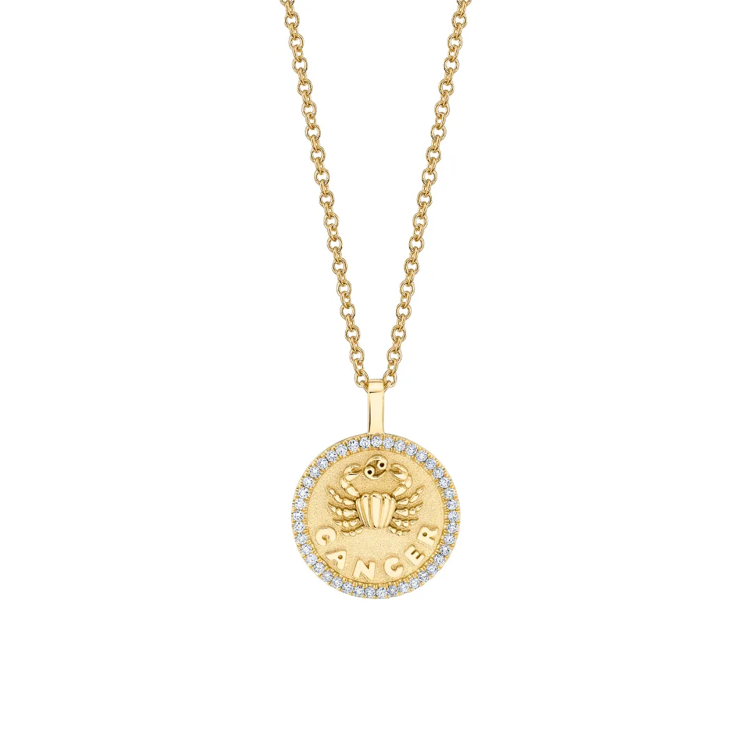 SMALL ZODIAC COIN PENDANT WITH DIAMOND FRAME