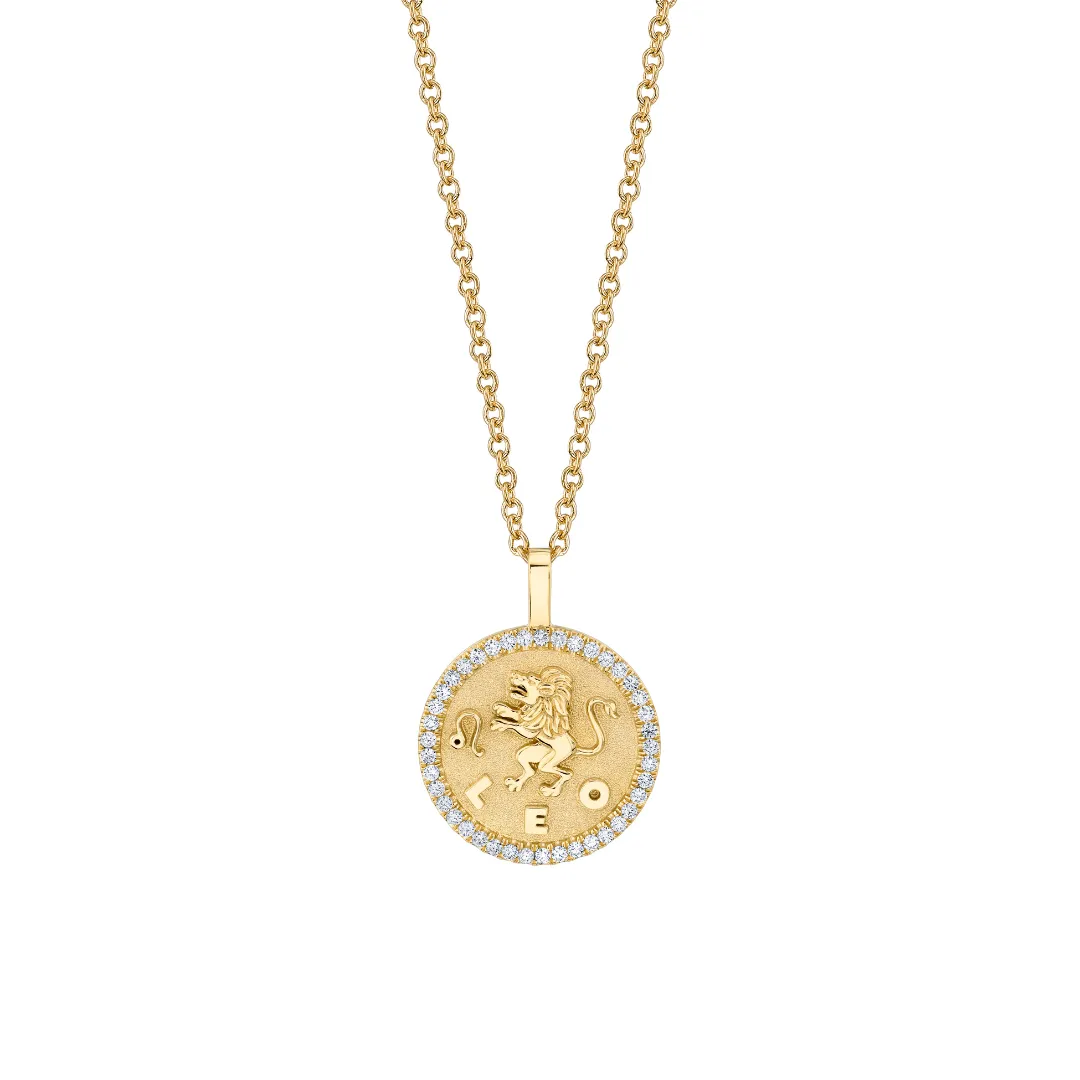 SMALL ZODIAC COIN PENDANT WITH DIAMOND FRAME