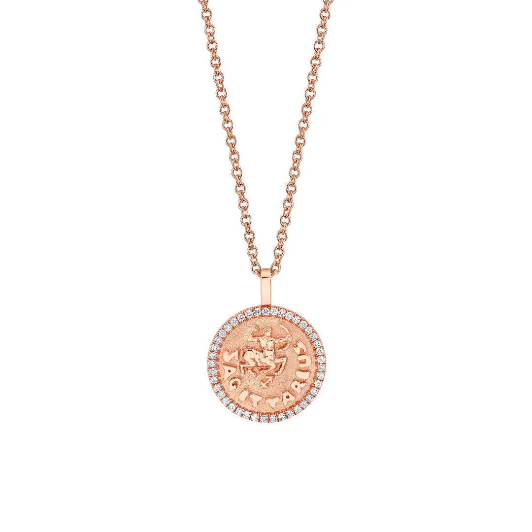 SMALL ZODIAC COIN PENDANT WITH DIAMOND FRAME