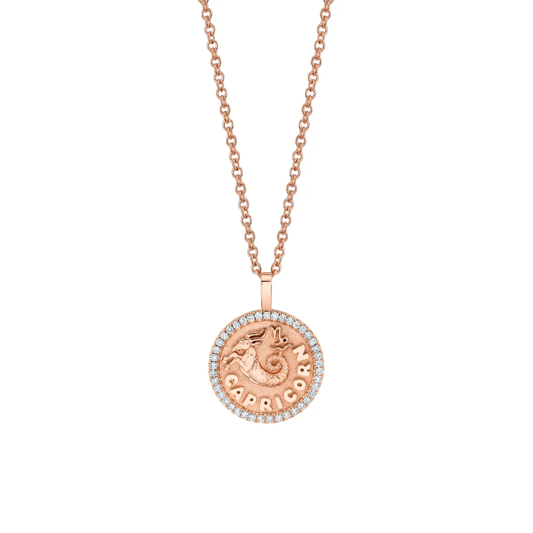 SMALL ZODIAC COIN PENDANT WITH DIAMOND FRAME