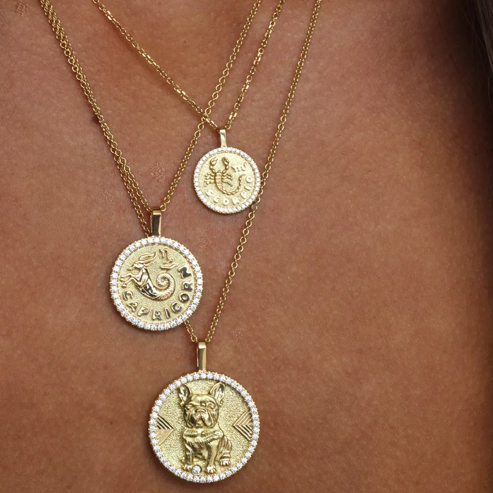 SMALL ZODIAC COIN PENDANT WITH DIAMOND FRAME