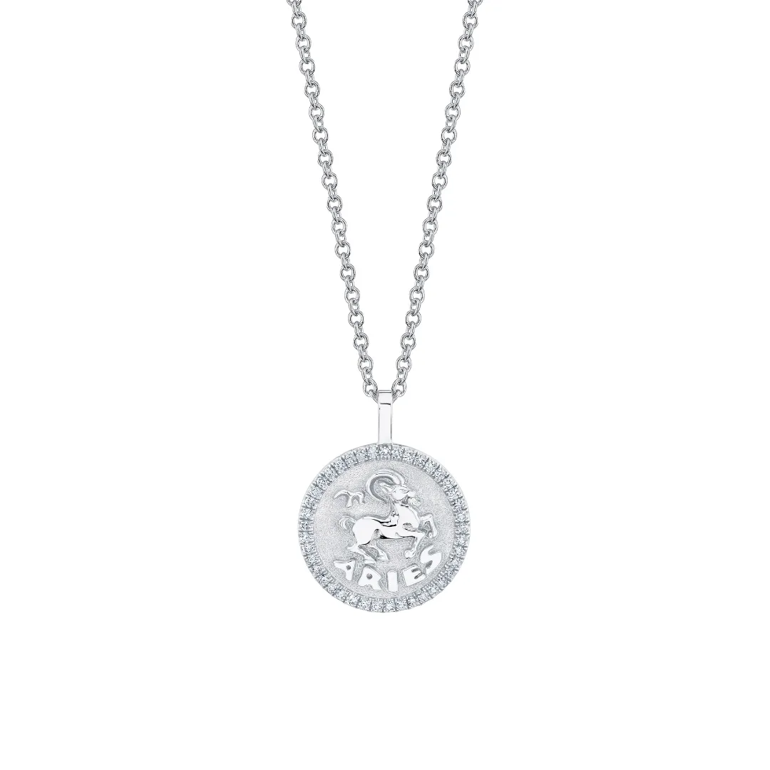 SMALL ZODIAC COIN PENDANT WITH DIAMOND FRAME