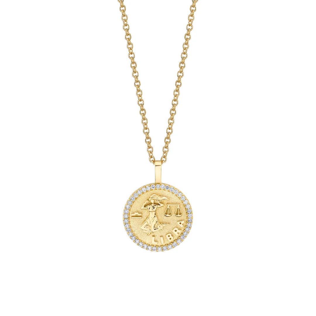 SMALL ZODIAC COIN PENDANT WITH DIAMOND FRAME