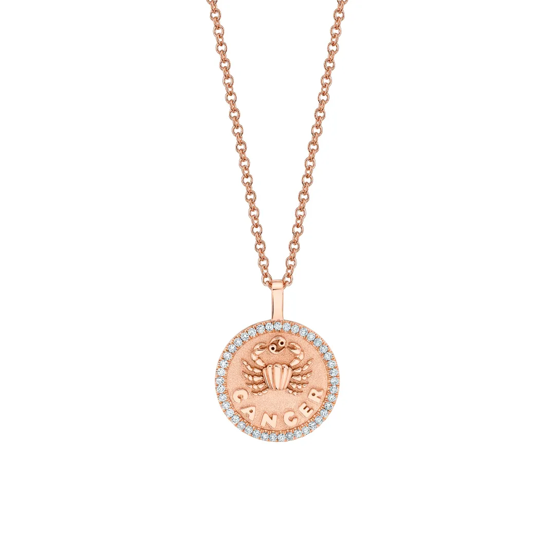 SMALL ZODIAC COIN PENDANT WITH DIAMOND FRAME