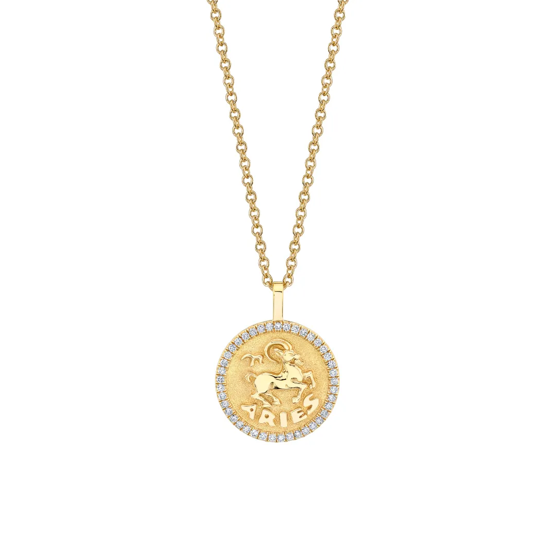 SMALL ZODIAC COIN PENDANT WITH DIAMOND FRAME