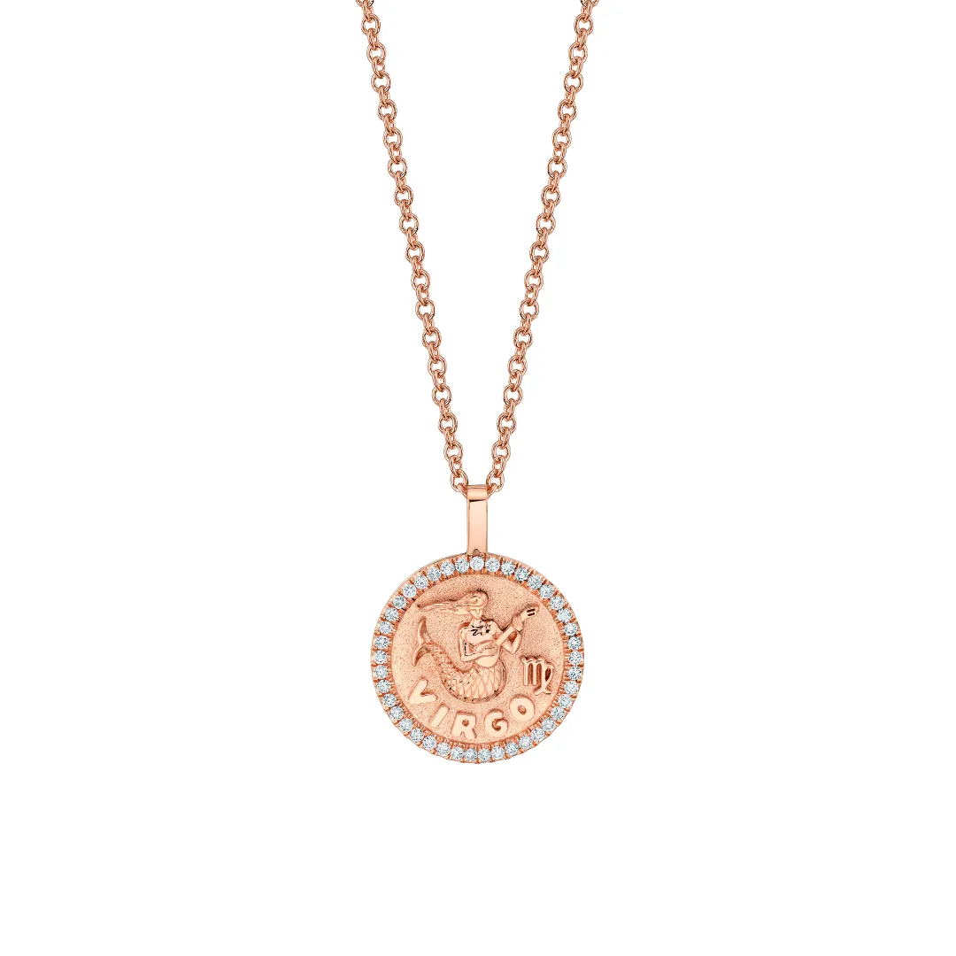 SMALL ZODIAC COIN PENDANT WITH DIAMOND FRAME