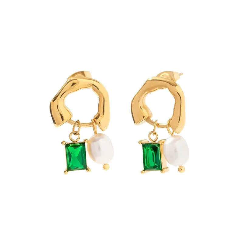 Smooth Emerald Pearl Drop Green Stone Gold Hoop Earring JLT12926