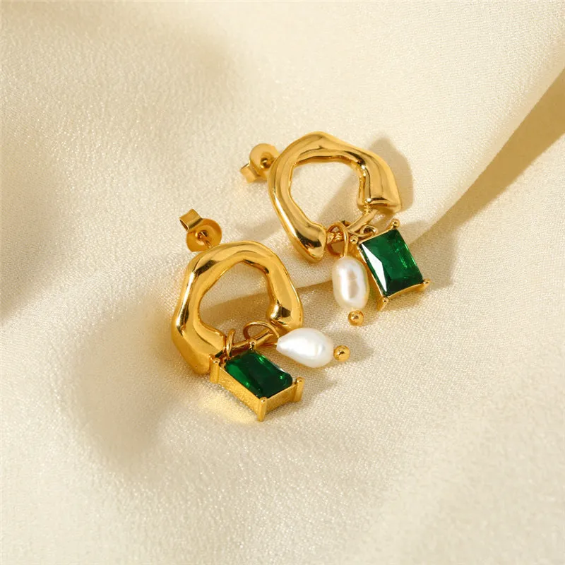 Smooth Emerald Pearl Drop Green Stone Gold Hoop Earring JLT12926