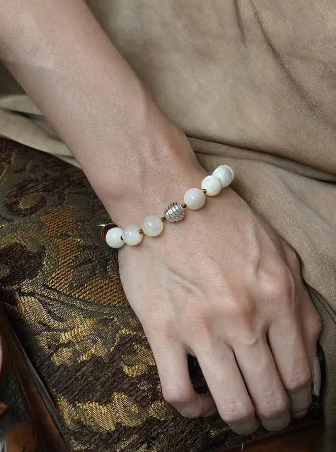 Smooth Mother of Pearls and Silver Shell Beaded OT Bracelet