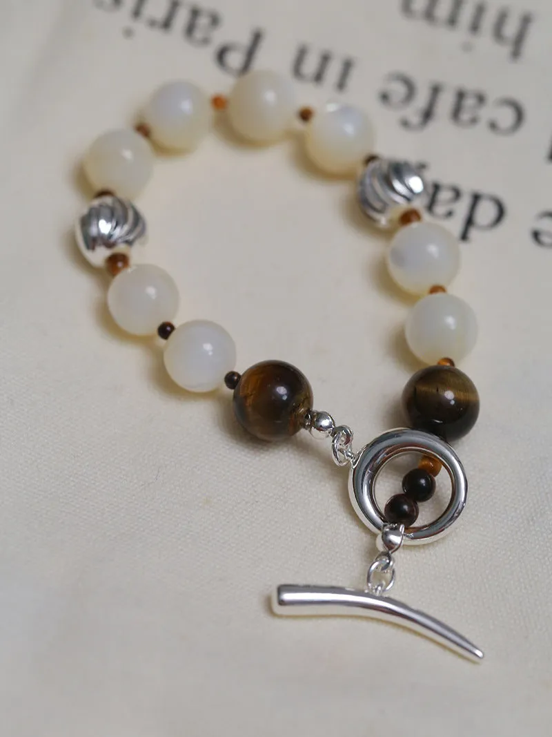 Smooth Mother of Pearls and Silver Shell Beaded OT Bracelet