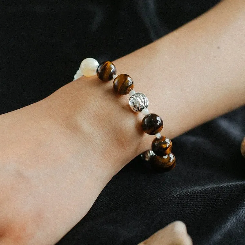 Smooth Tiger's Eye and Silver Shell Beaded OT Bracelet