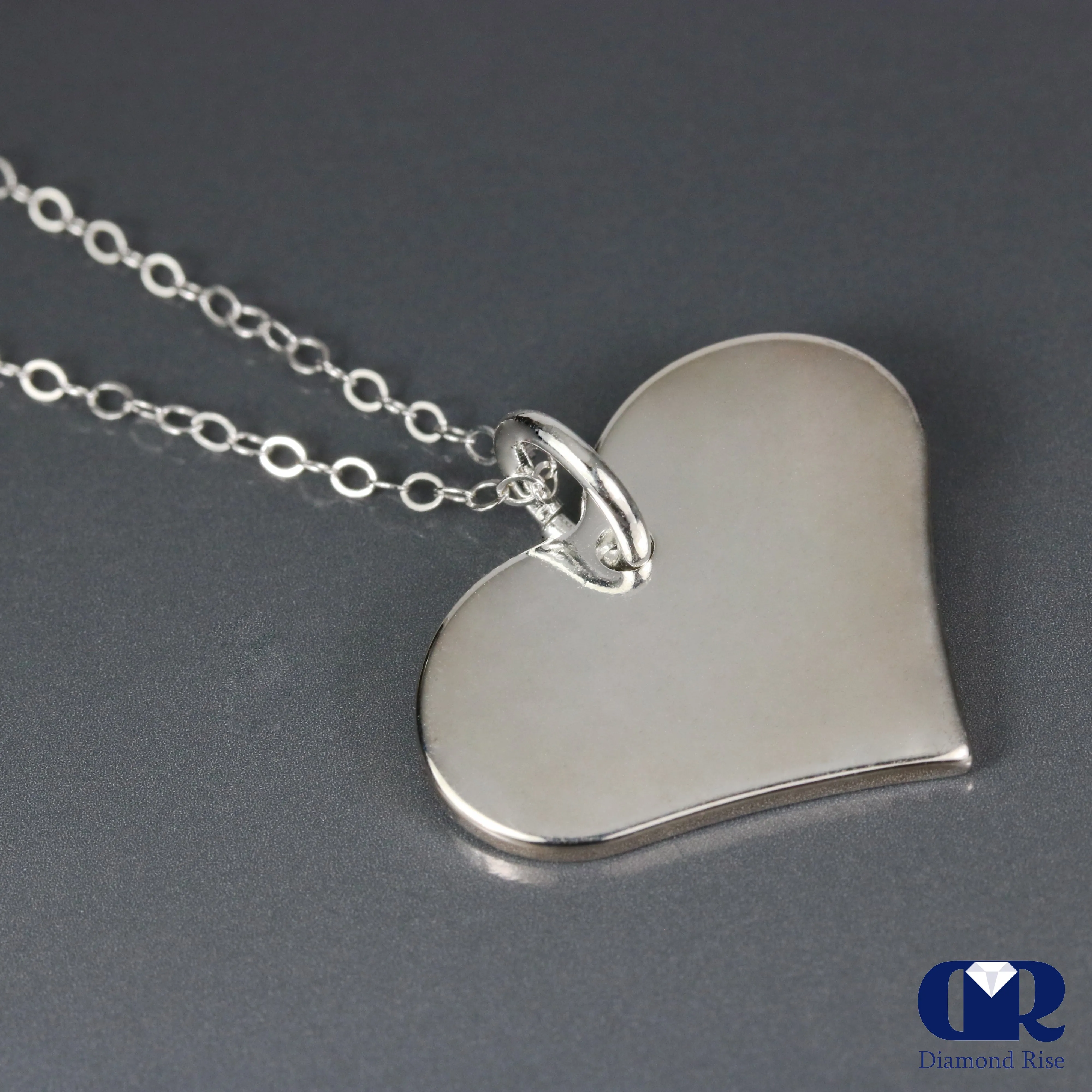 Solid 14K White Gold Heart Shaped Pendant Necklace With Chain