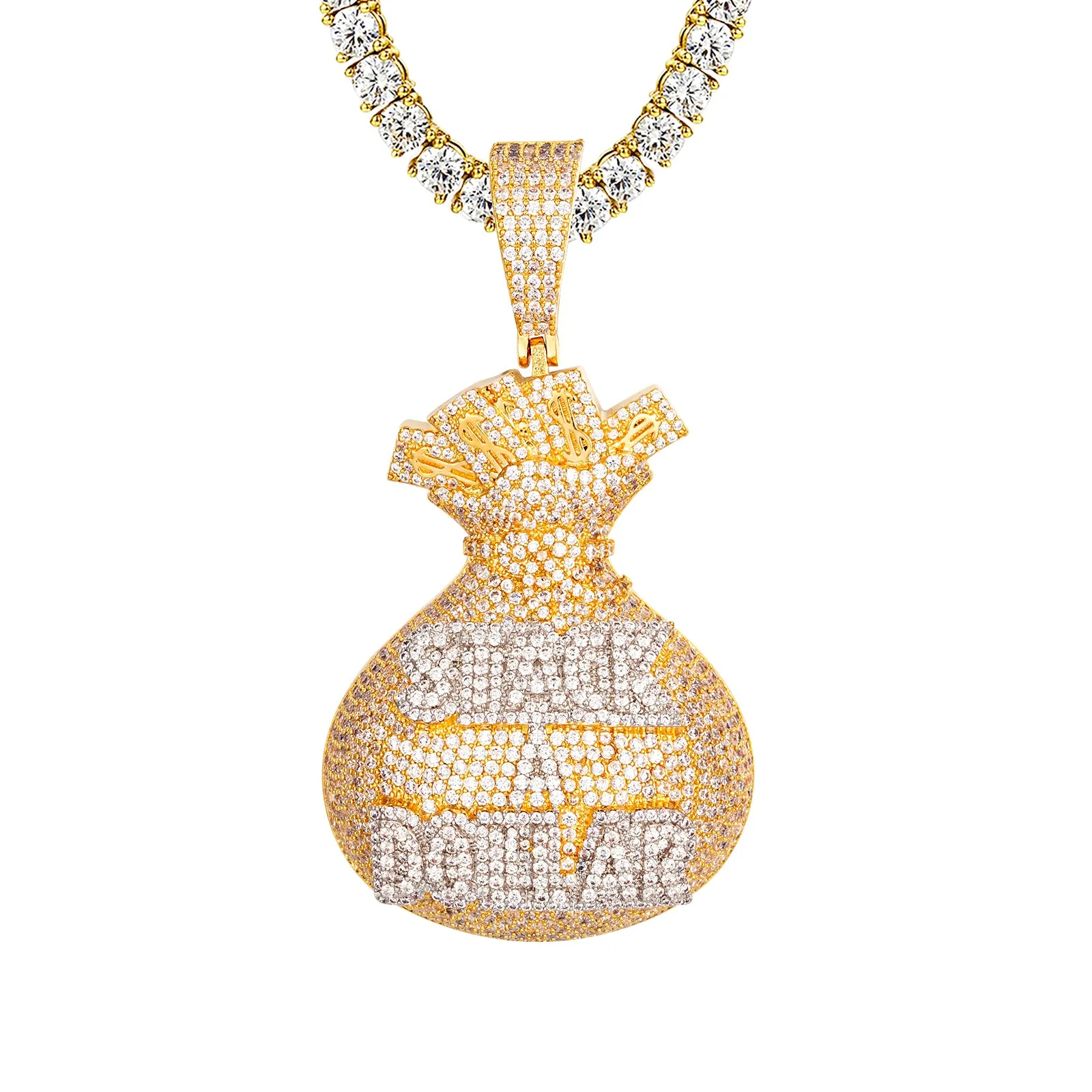 Stack A Dollar Money Bag Icy Custom 14K Yellow Tone Pendant