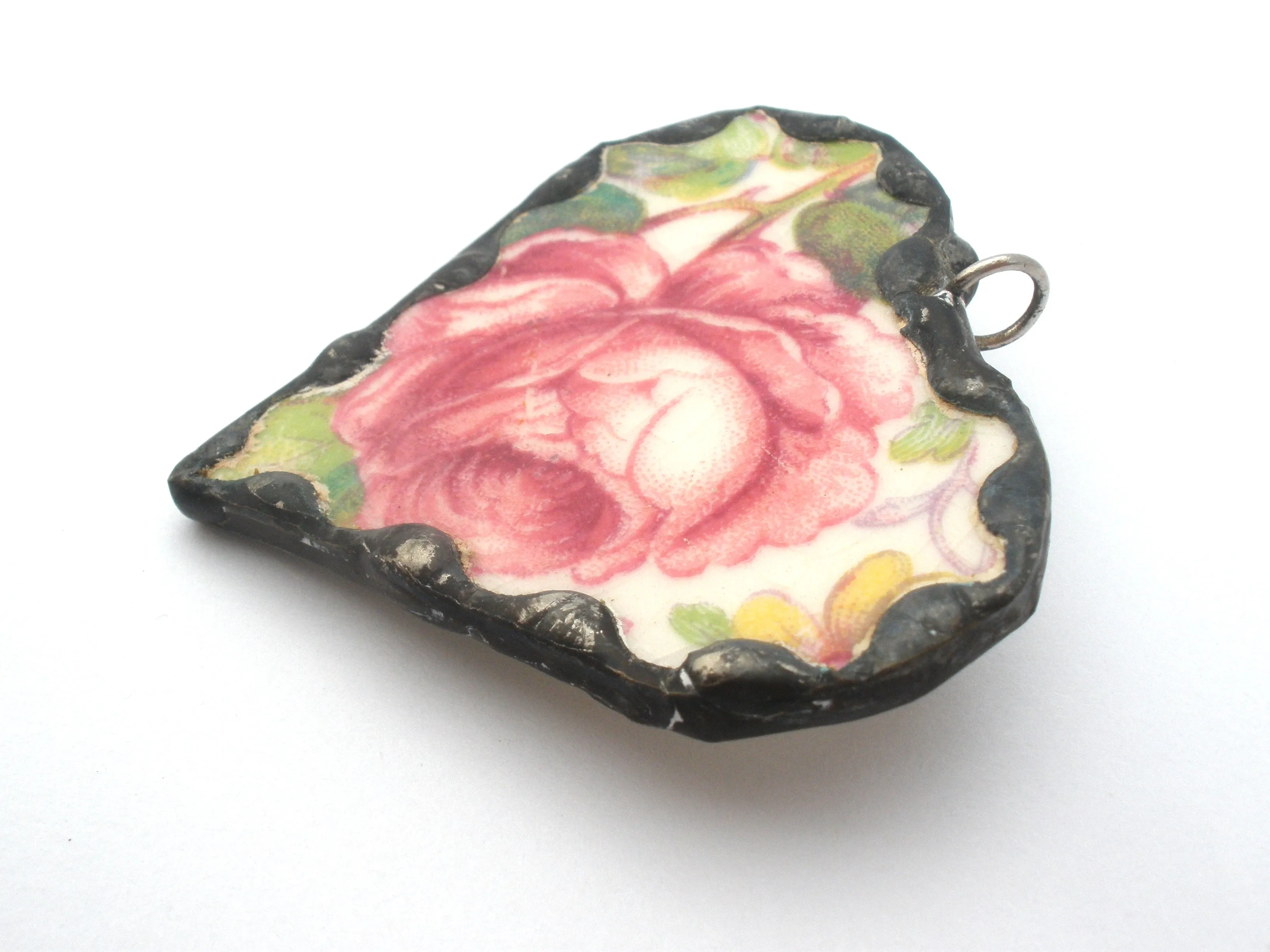 Staffordshire Rose Broken China Porcelain Pendant Brooch