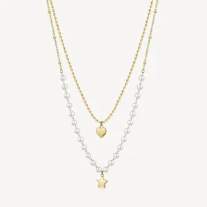 Stainless Steel Gold Tone Double Heart & Star Necklace with Shell-Pearls