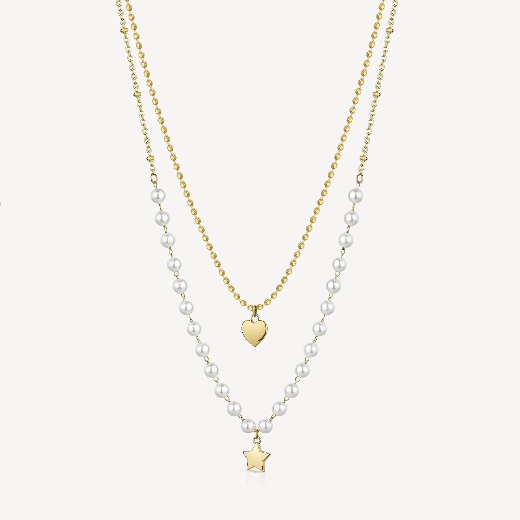 Stainless Steel Gold Tone Double Heart & Star Necklace with Shell-Pearls