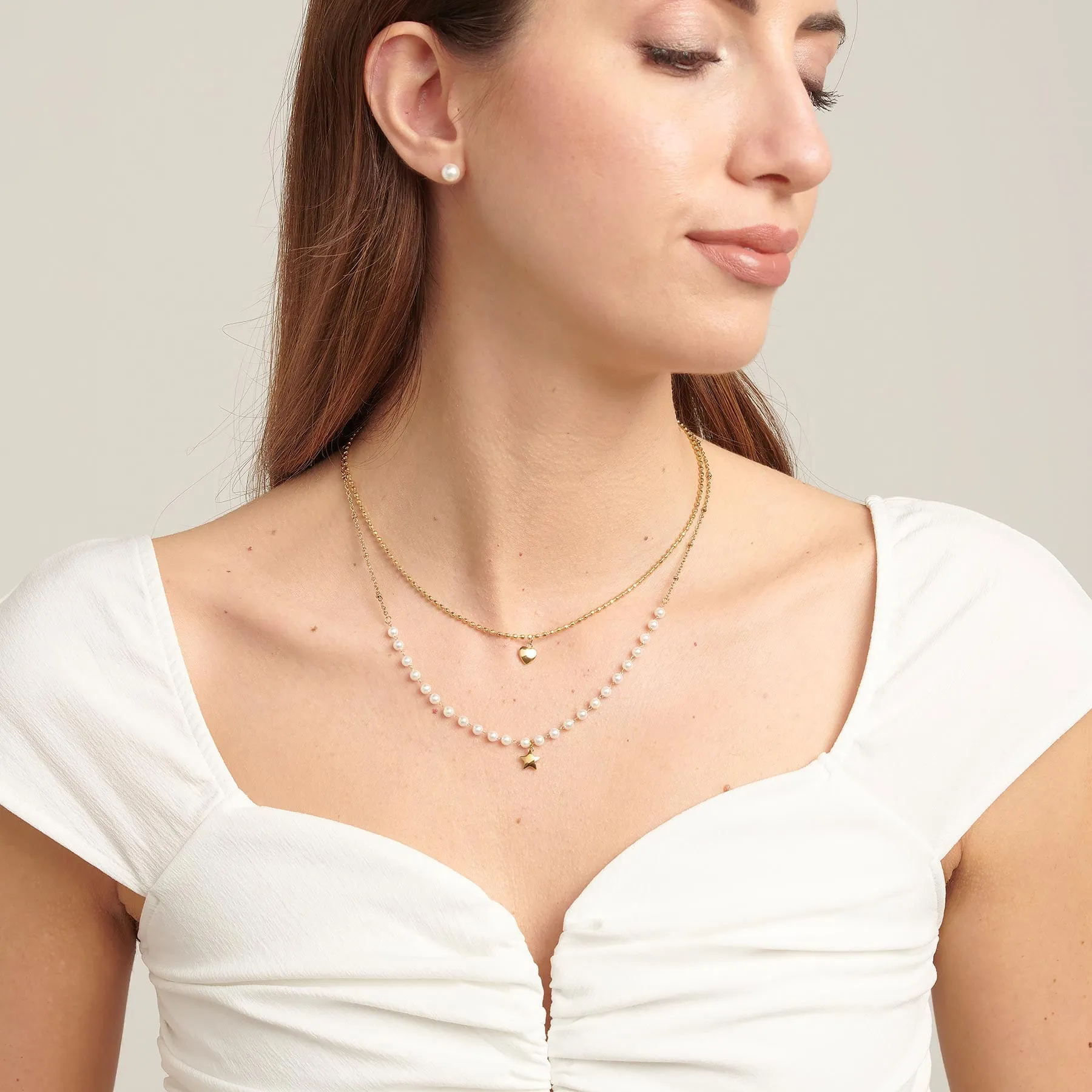 Stainless Steel Gold Tone Double Heart & Star Necklace with Shell-Pearls