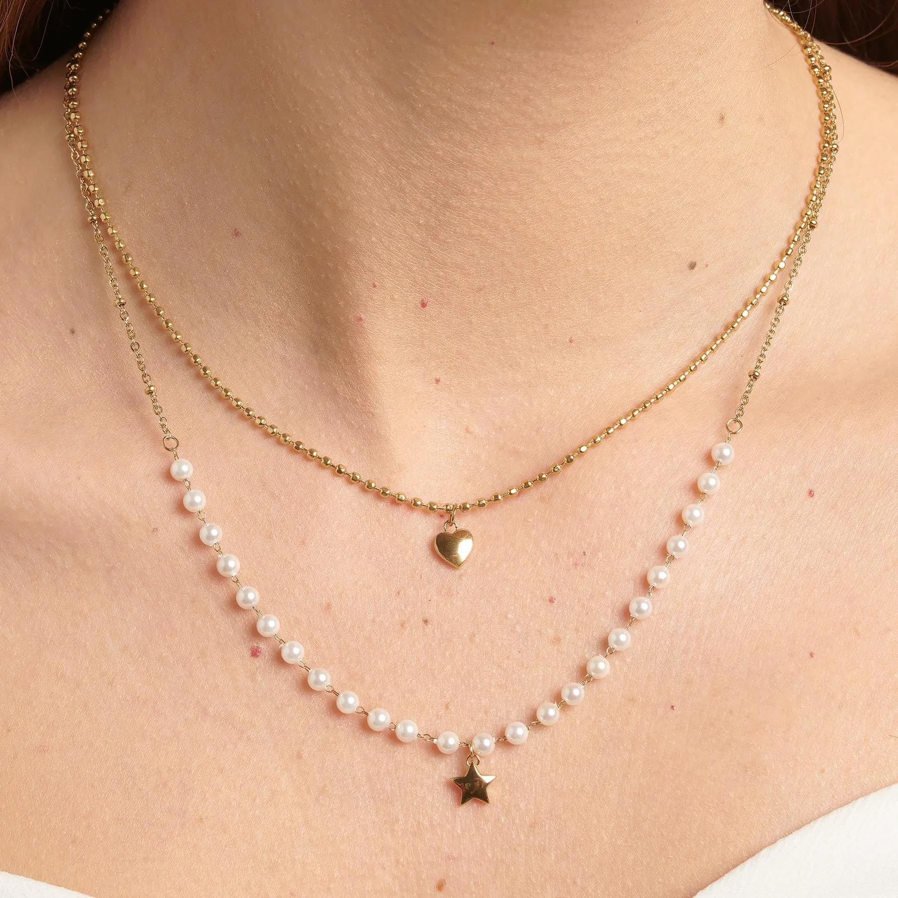 Stainless Steel Gold Tone Double Heart & Star Necklace with Shell-Pearls