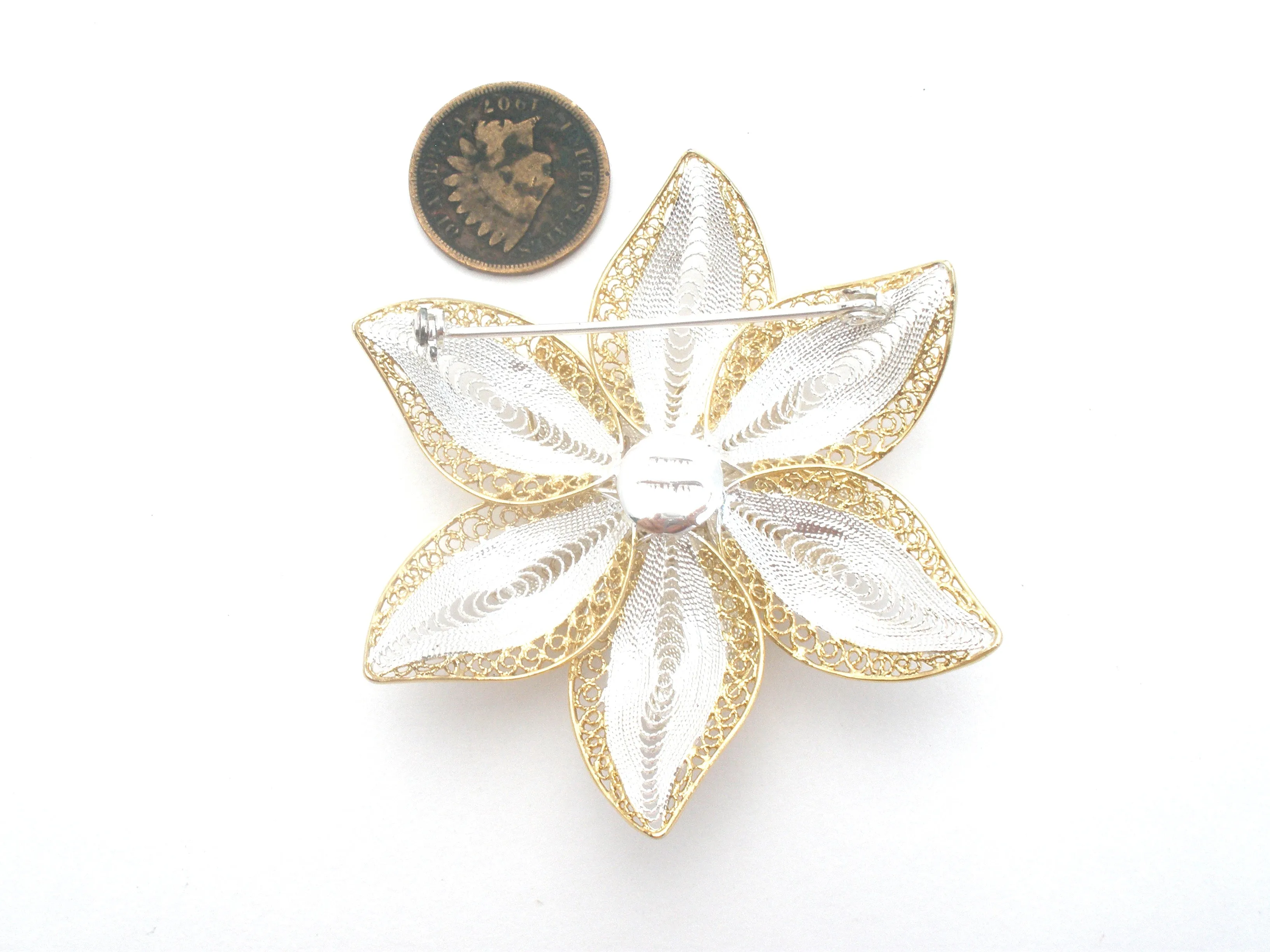 Sterling Silver &  Gold Filigree Flower Brooch Vintage