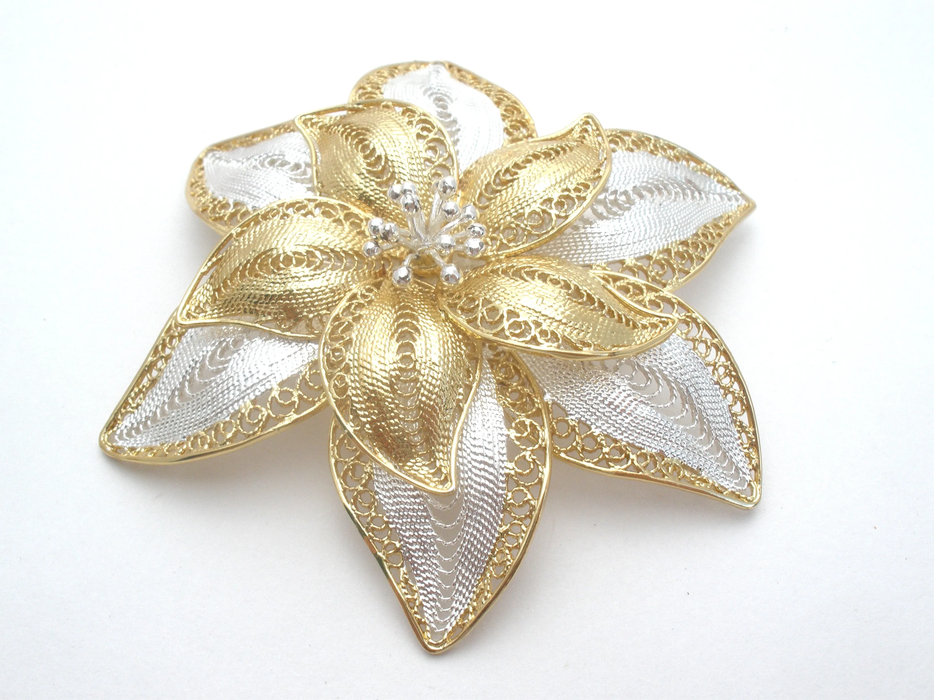 Sterling Silver &  Gold Filigree Flower Brooch Vintage