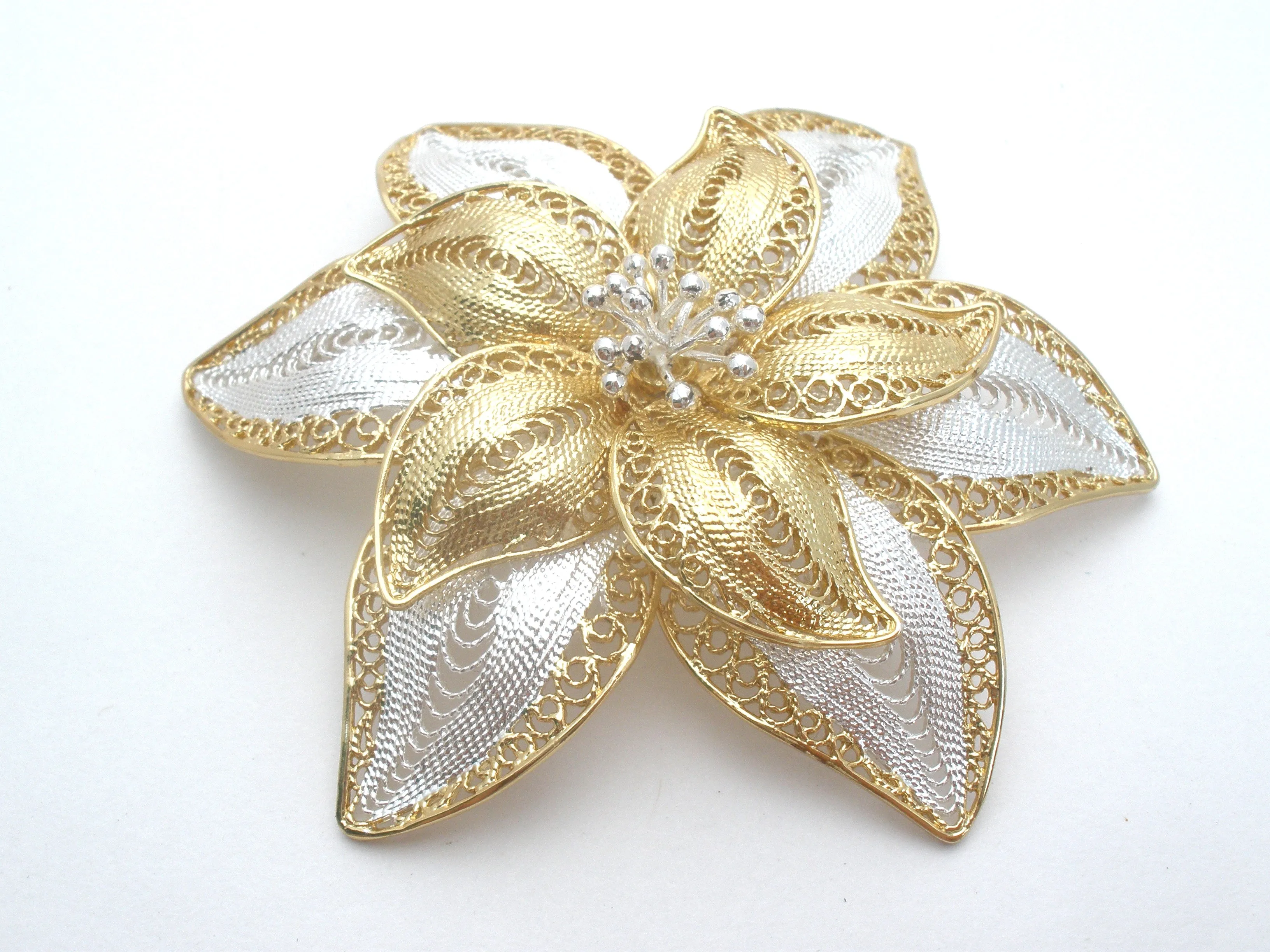 Sterling Silver &  Gold Filigree Flower Brooch Vintage