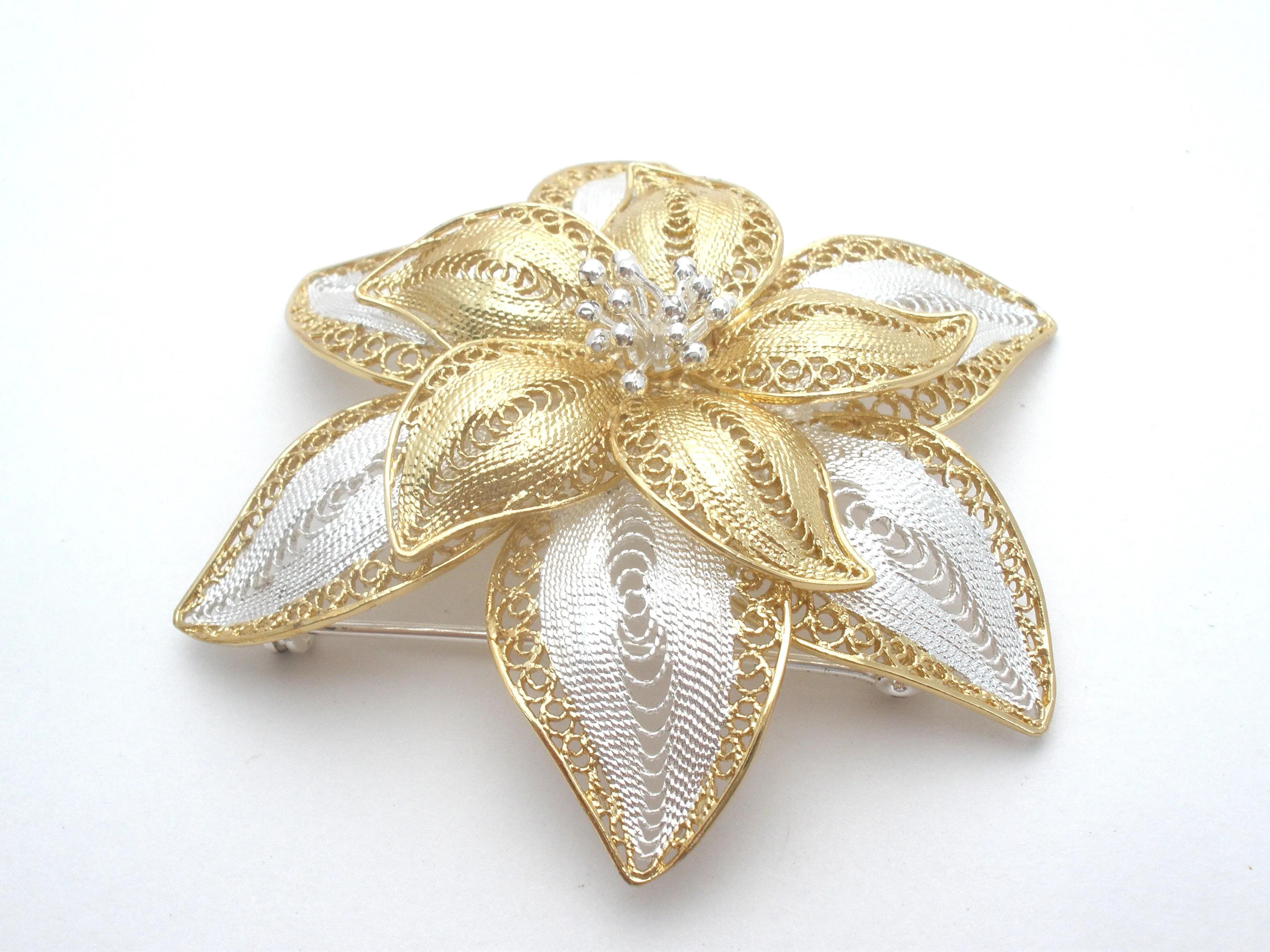 Sterling Silver &  Gold Filigree Flower Brooch Vintage