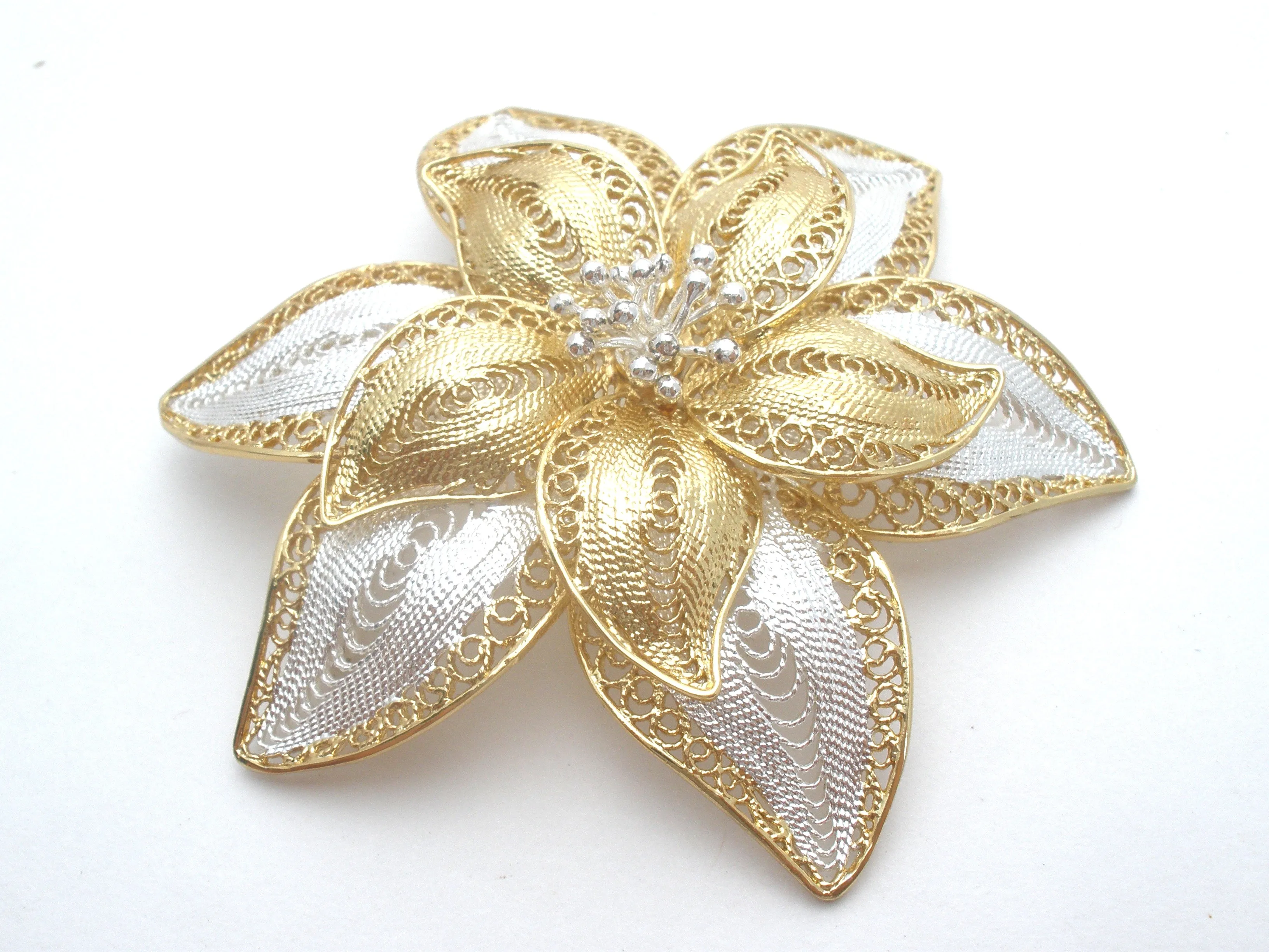 Sterling Silver &  Gold Filigree Flower Brooch Vintage