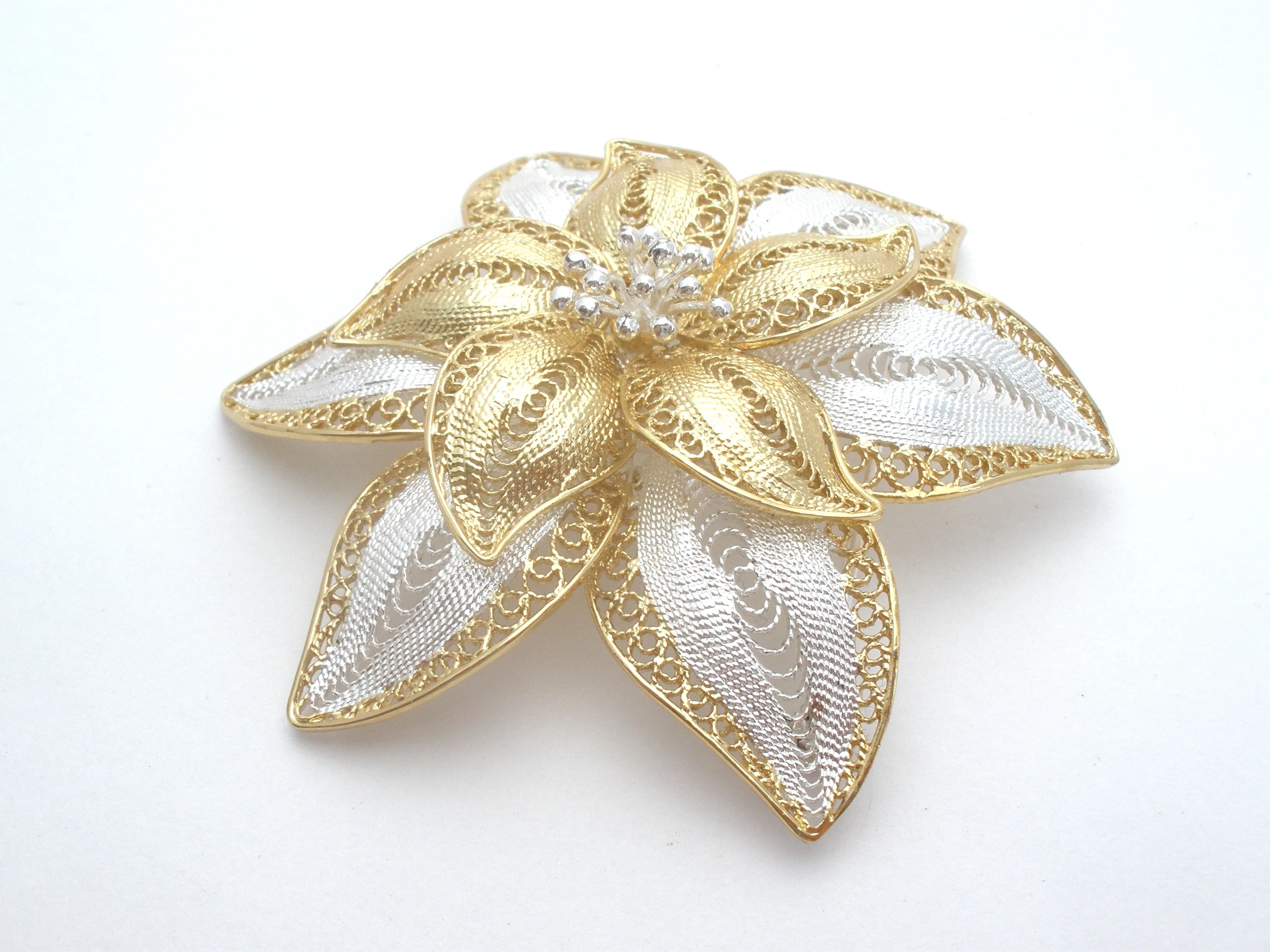 Sterling Silver &  Gold Filigree Flower Brooch Vintage