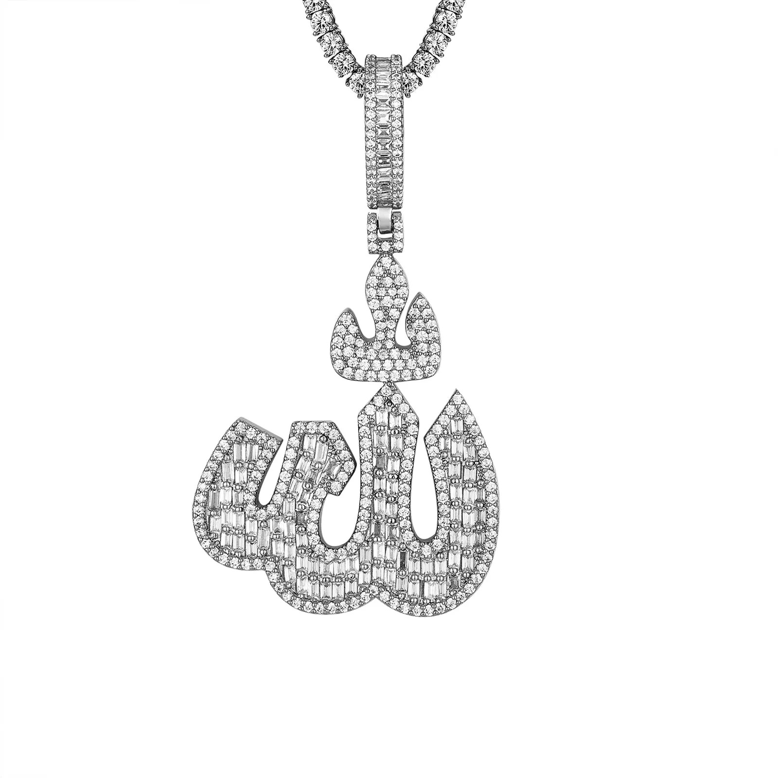 Sterling Silver Baguette Muslim Islamic Allah Icy Custom Pendant