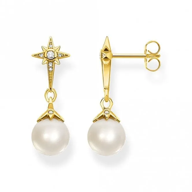 Sterling Silver Gold Plated Freshwater Pearl Zirconia Star Earrings H2118-445-14