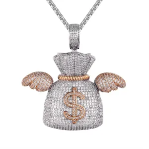 Sterling Silver Mens Flying Wings Money Dollar Bag Icy Pendant