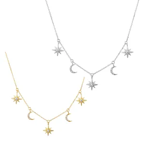 Sterling Silver Necklace - CZ Star and Moon