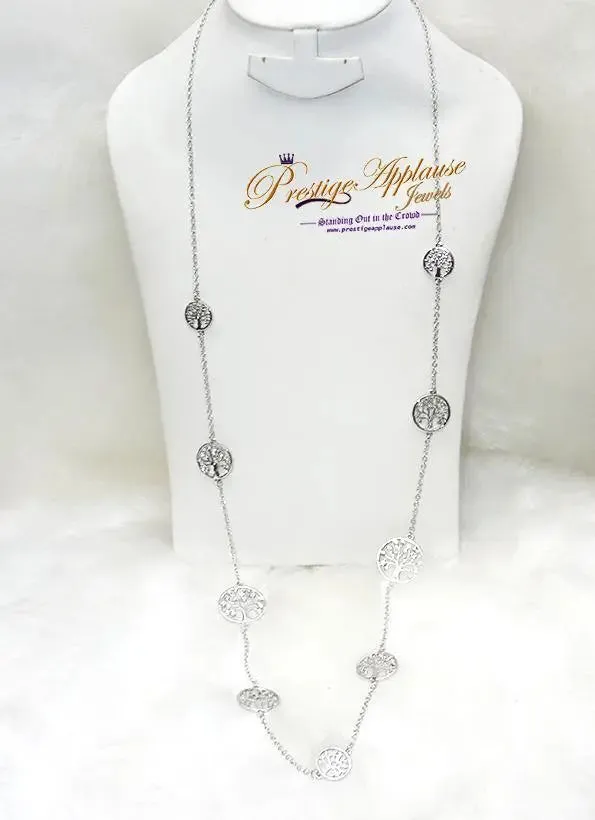 Sterling Silver Plated Tree of Life Long Chain Necklace