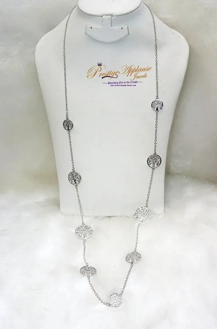 Sterling Silver Plated Tree of Life Long Chain Necklace