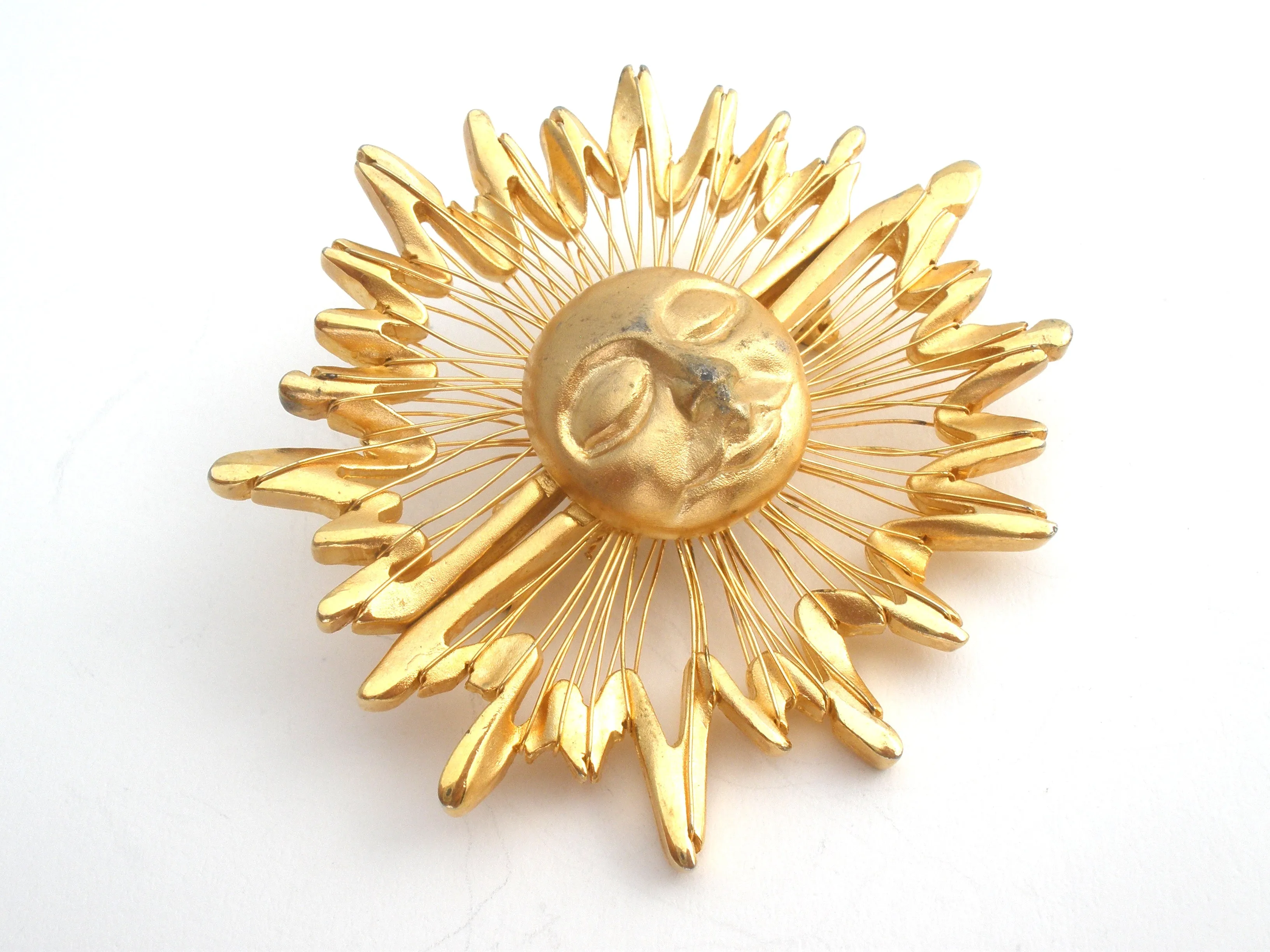 Sun Face Brooch Gold Tone Pin Vintage