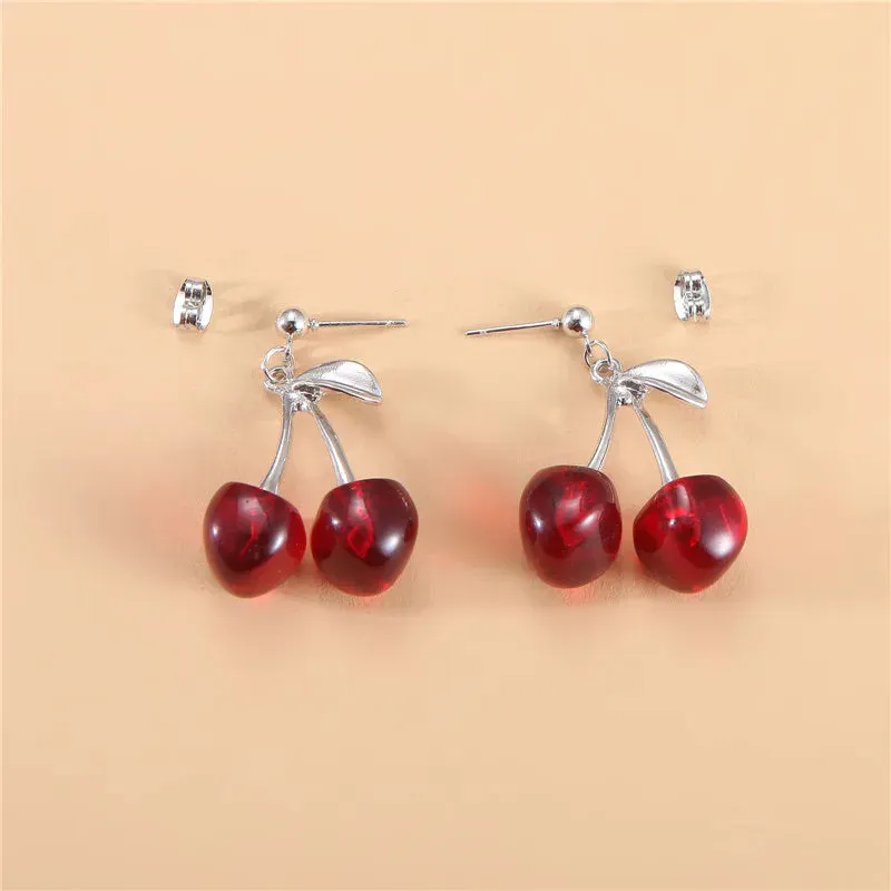 Sweet Summer Red Transparent Cherry Long Nail Anime New Earring