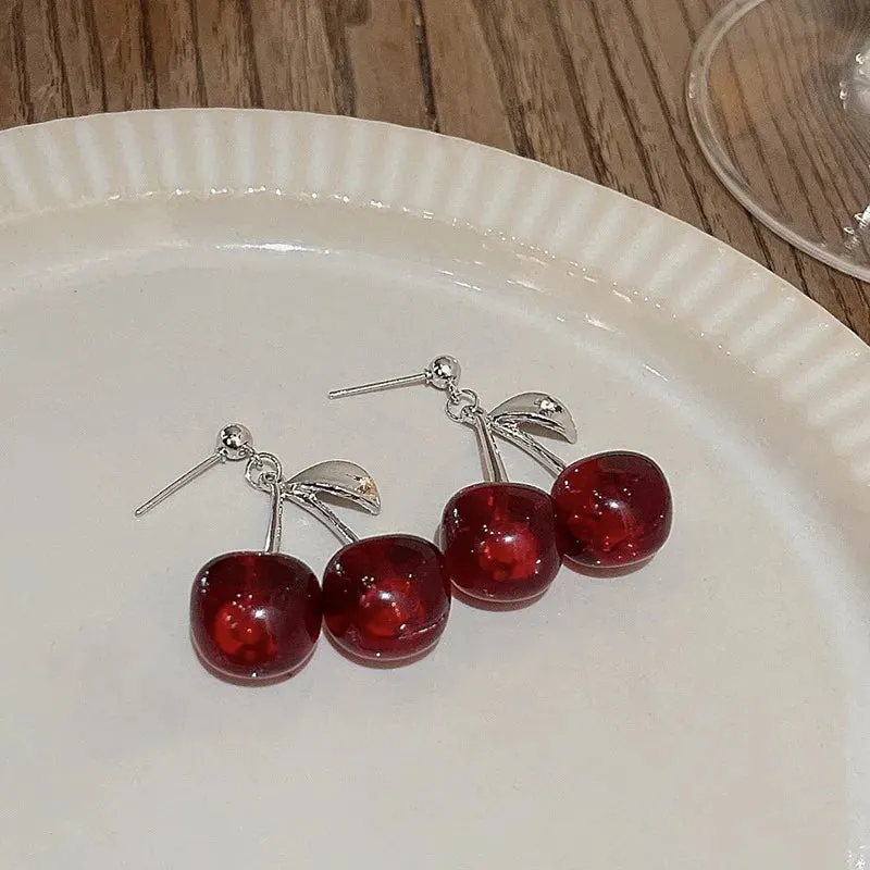 Sweet Summer Red Transparent Cherry Long Nail Anime New Earring