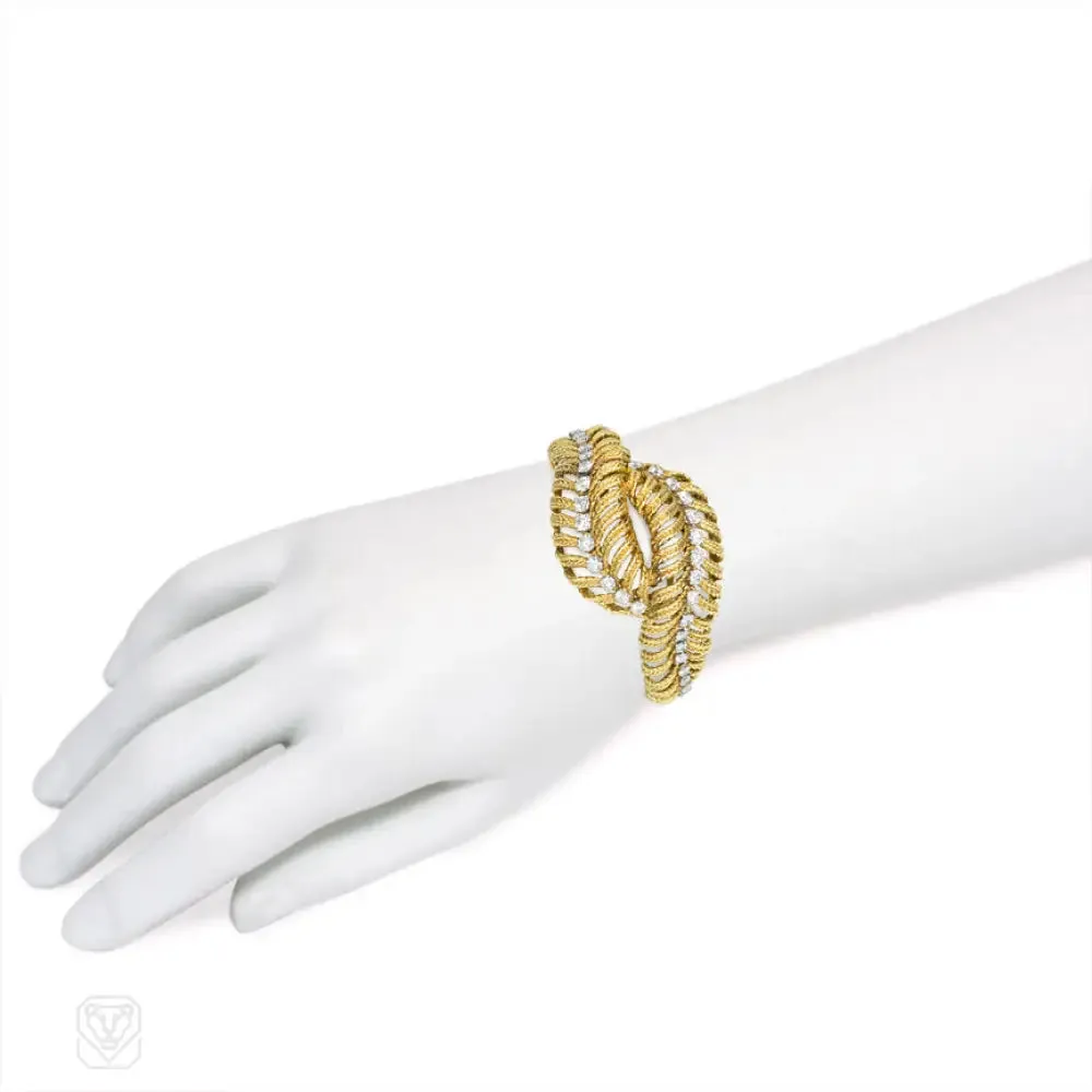 Textured gold and diamond overlapping bracelet, Boucheron