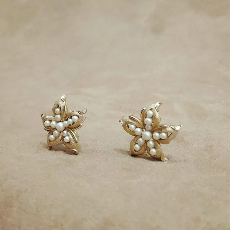 Trifari Vintage Star Pearl Earrings Clip On