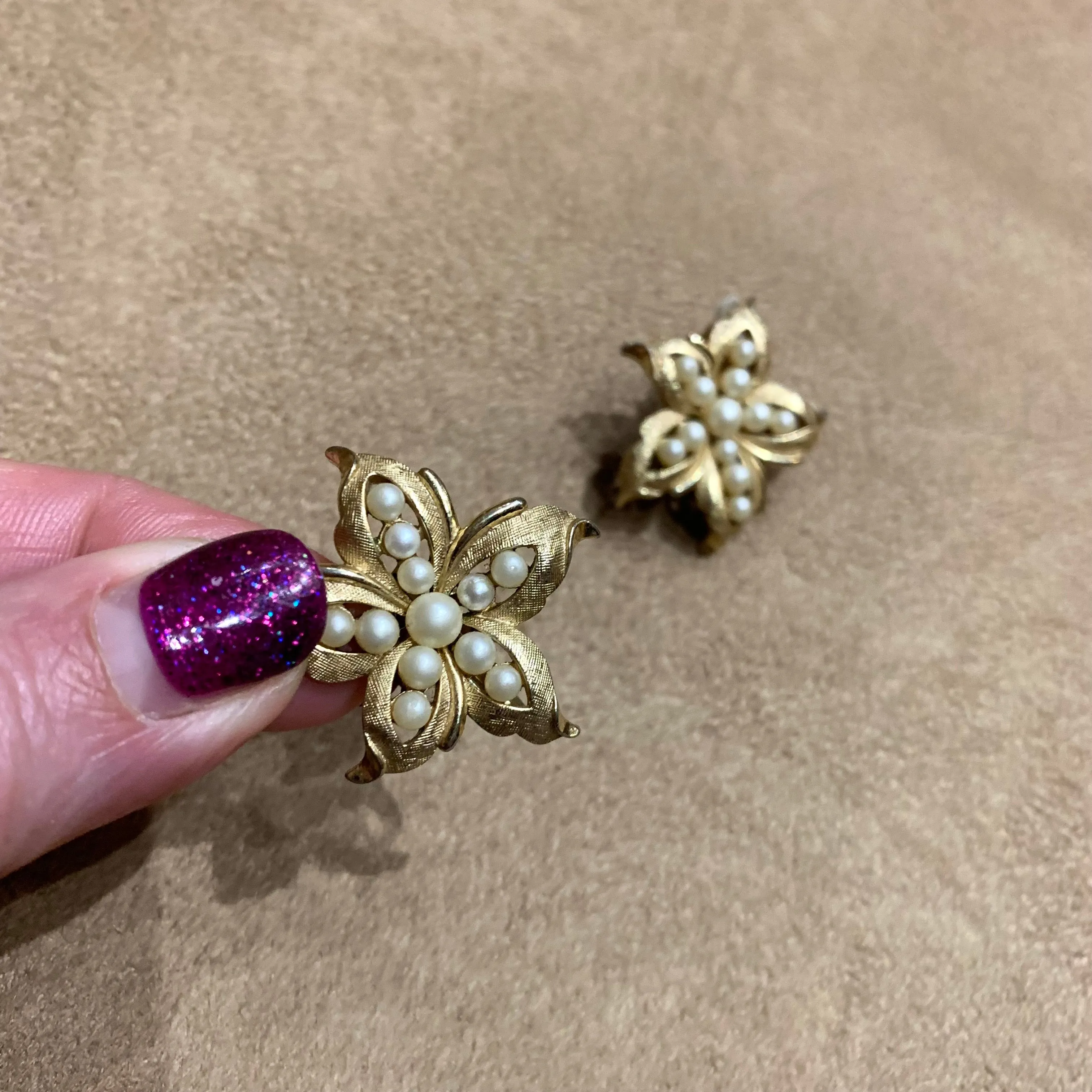 Trifari Vintage Star Pearl Earrings Clip On