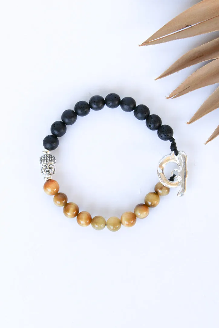 Unisex Buddha, Lava Stone, and Tiger Eye Toggle Bracelet