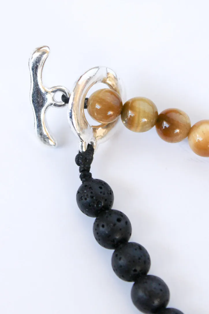 Unisex Buddha, Lava Stone, and Tiger Eye Toggle Bracelet