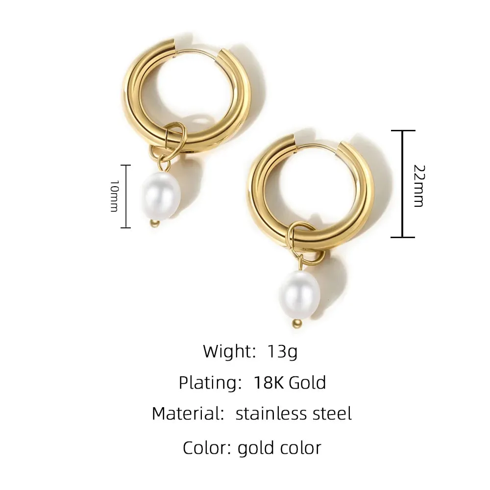 VAIGE Elegant Freshwater Pearl Stainless Steel Hoop Drop Earrings - Waterproof Trendy Jewelry