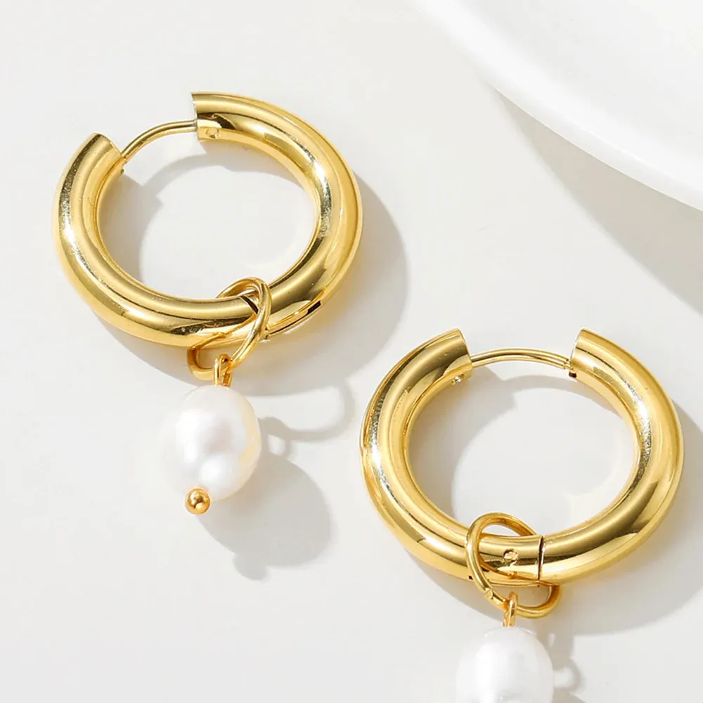 VAIGE Elegant Freshwater Pearl Stainless Steel Hoop Drop Earrings - Waterproof Trendy Jewelry