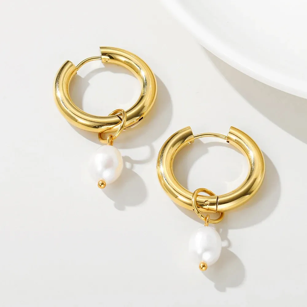 VAIGE Elegant Freshwater Pearl Stainless Steel Hoop Drop Earrings - Waterproof Trendy Jewelry