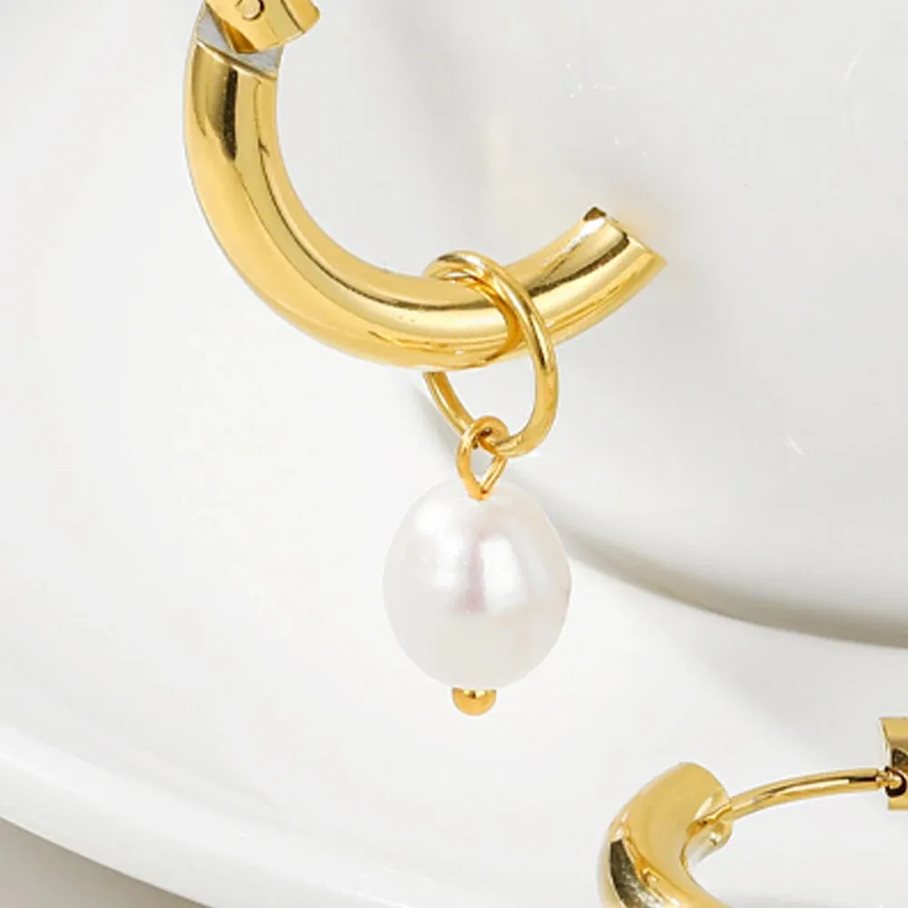 VAIGE Elegant Freshwater Pearl Stainless Steel Hoop Drop Earrings - Waterproof Trendy Jewelry