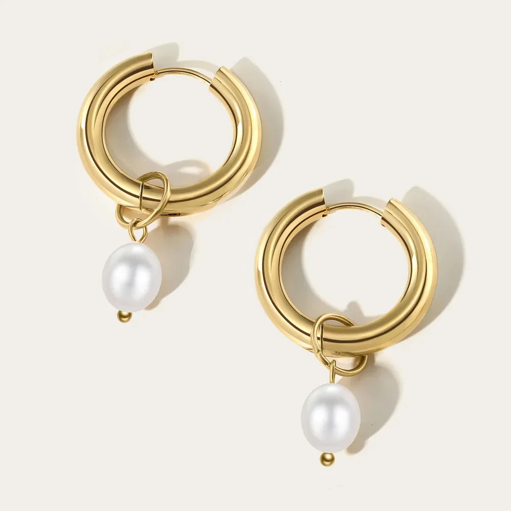 VAIGE Elegant Freshwater Pearl Stainless Steel Hoop Drop Earrings - Waterproof Trendy Jewelry