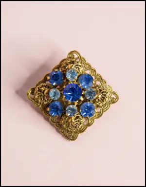 Vintage 1950s Blue Square Czech Rhinestone Brooch