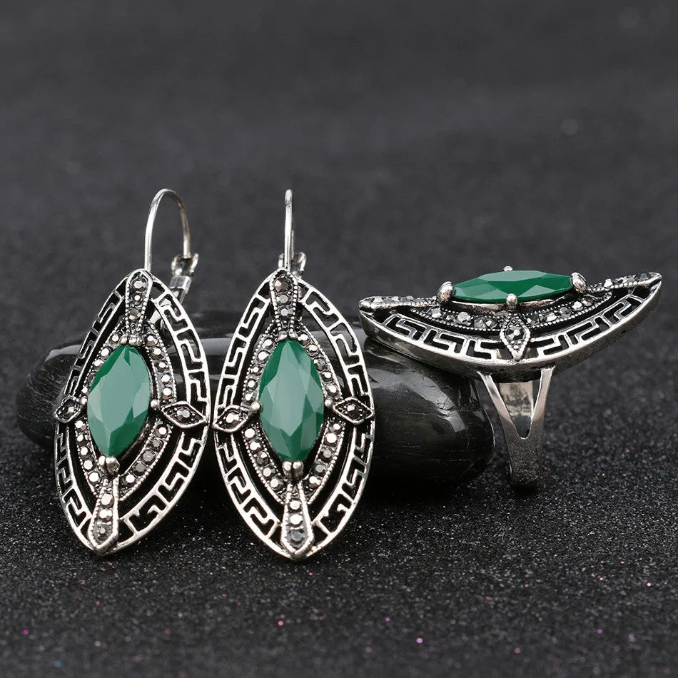 Vintage Bohemia Jewelry Antique Silver Plated Eyes Turquoise Stone Earrings Ring Women Jewelry Set