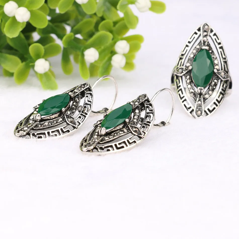 Vintage Bohemia Jewelry Antique Silver Plated Eyes Turquoise Stone Earrings Ring Women Jewelry Set